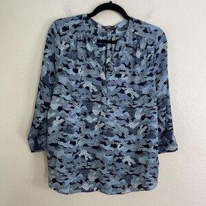 NYDJ Womens Small Blue Camo Pattern Long Sleeve Blouse 3/4 Sleeve Shirt Top